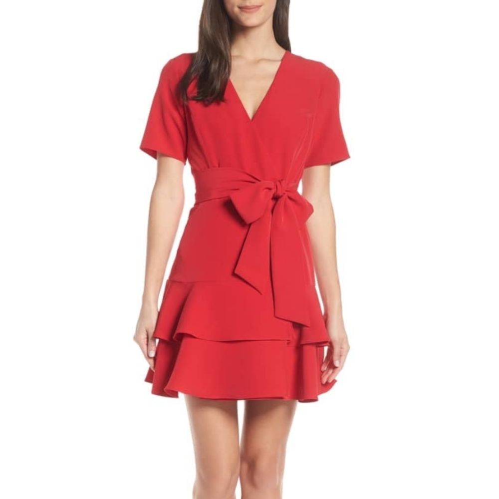 Charles Henry Ruffle Tiered Wrap Dress, Red. Size XXL.